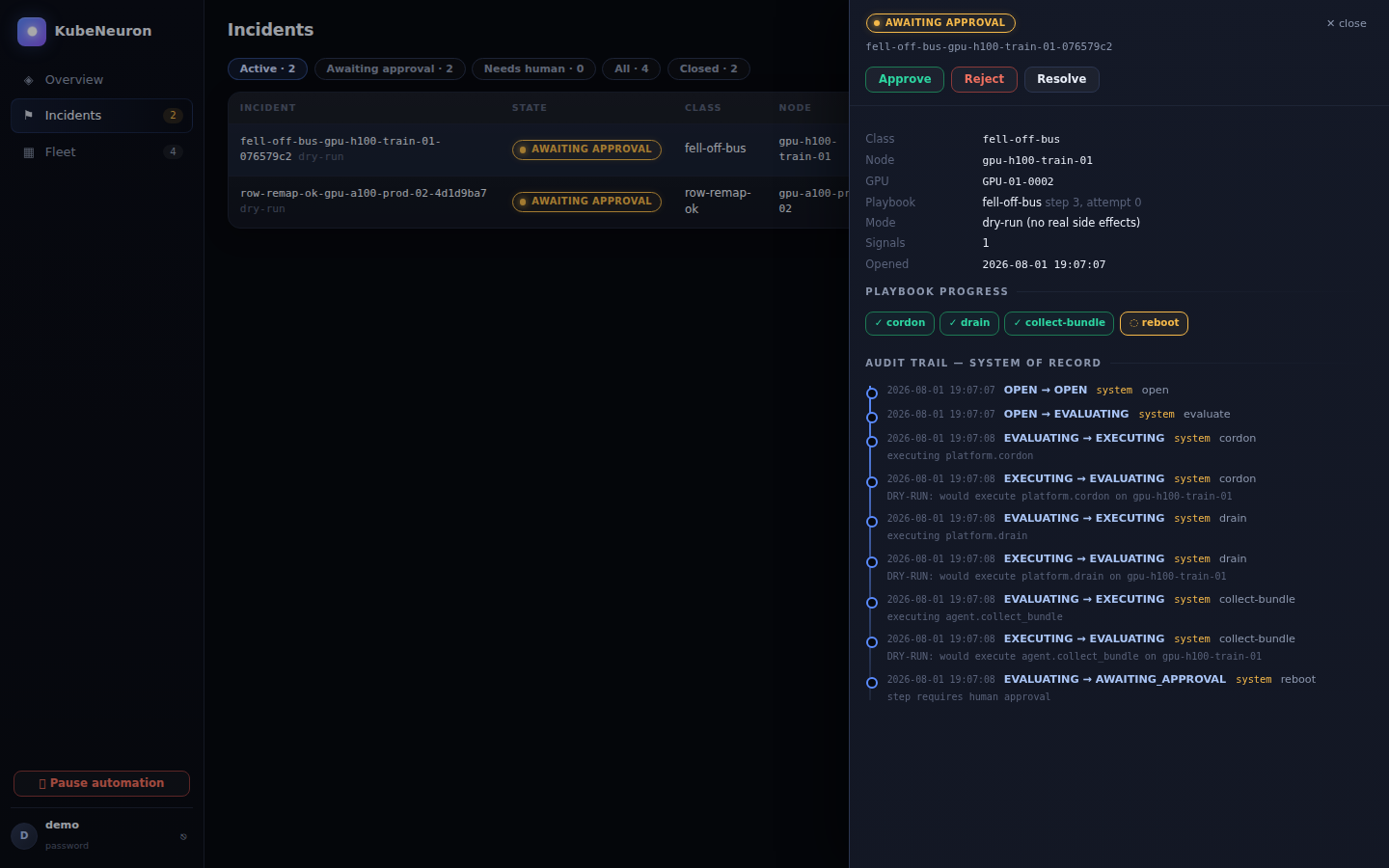 Incident drawer with playbook progress and the approval gate